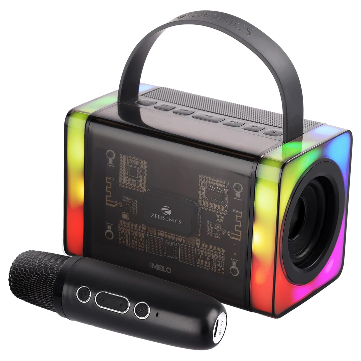 ZEBRONICS MELO Portable Bluetooth Speaker with 15W Output, USB, mSD, AUX, RGB, 10h Battery Backup, Passive Radiator, Voice Changing Wireless Mic